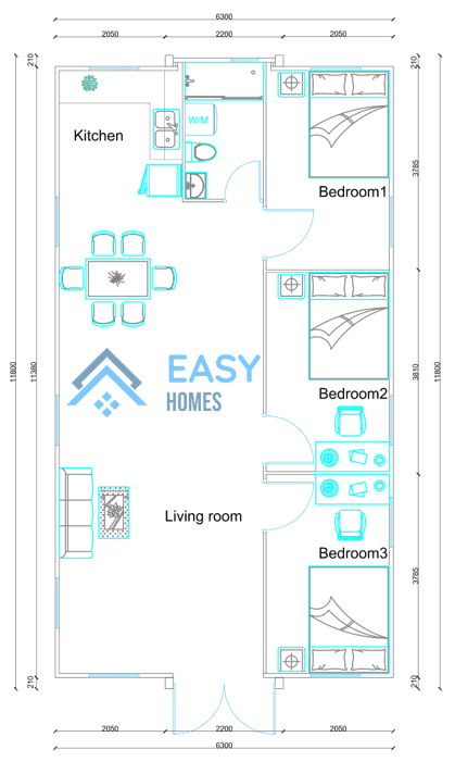 40 ft 3 bedrooms on one side